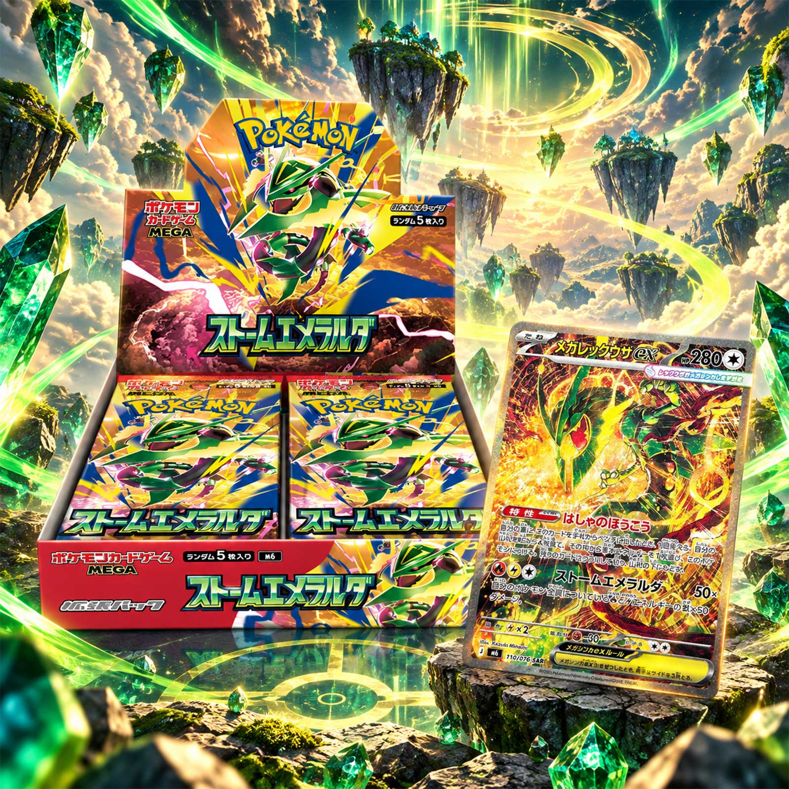 MEGA Storm Emeralda Booster Box M6 y carta destacada
